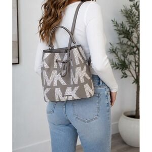 Michael Kors Suri Gray White Monogram Logo Print Convertible Bucket Backpack Bag